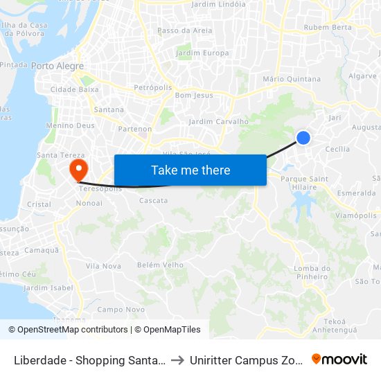 Liberdade - Shopping Santa Isabel to Uniritter Campus Zona Sul map