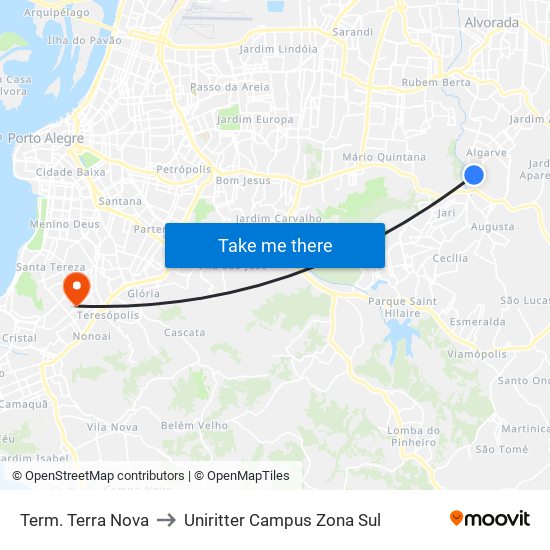 Term. Terra Nova to Uniritter Campus Zona Sul map