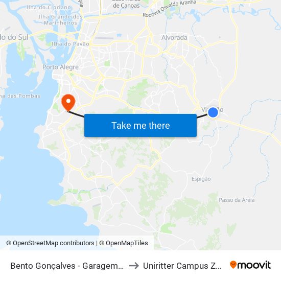 Bento Gonçalves - Garagem Viamão to Uniritter Campus Zona Sul map