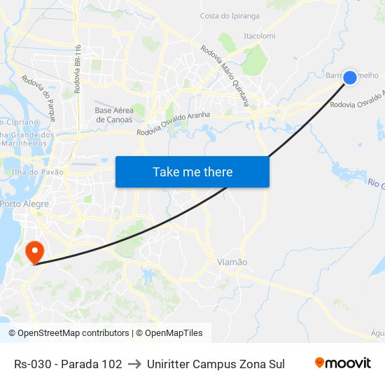Rs-030 - Parada 102 to Uniritter Campus Zona Sul map