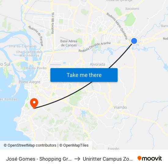 José Gomes - Shopping Gravataí to Uniritter Campus Zona Sul map