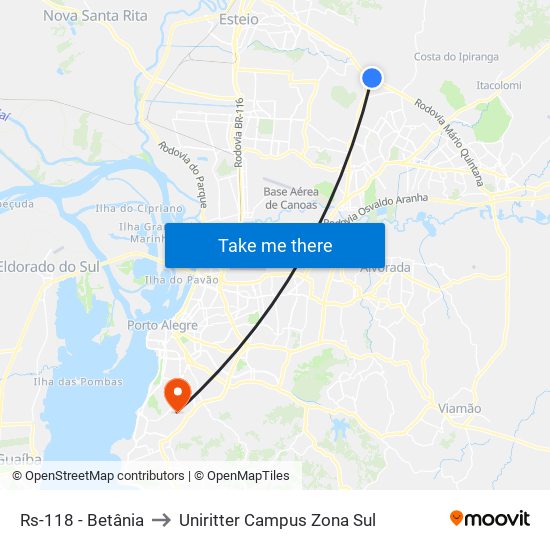Rs-118 - Betânia to Uniritter Campus Zona Sul map