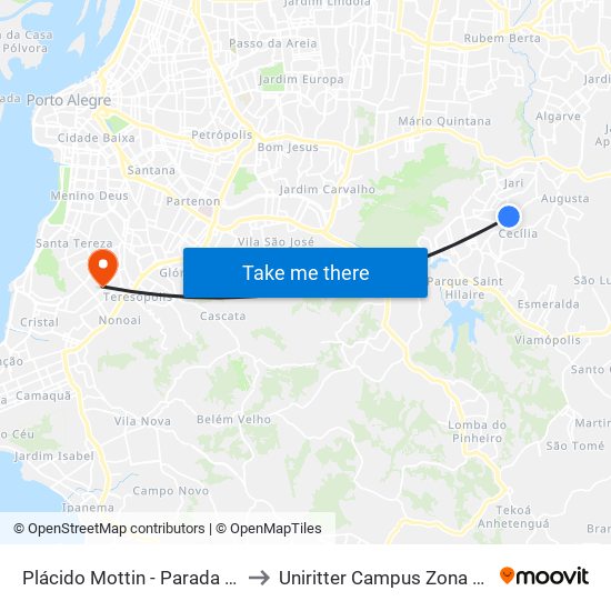Plácido Mottin - Parada 11 to Uniritter Campus Zona Sul map