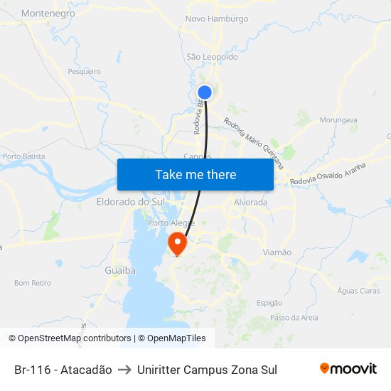 Br-116 - Atacadão to Uniritter Campus Zona Sul map