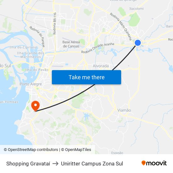 Shopping Gravataí to Uniritter Campus Zona Sul map