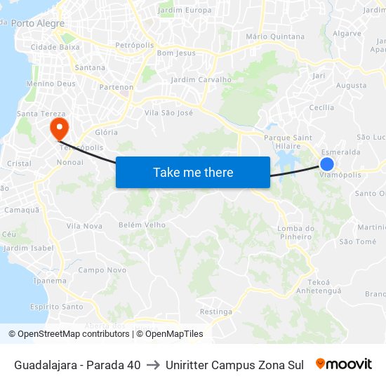 Guadalajara - Parada 40 to Uniritter Campus Zona Sul map