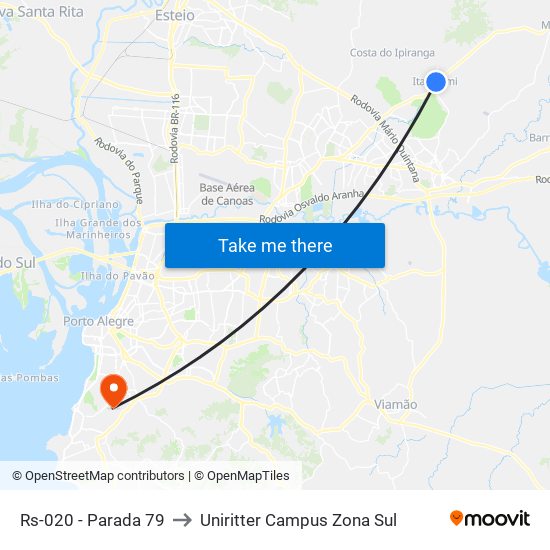 Rs-020 - Parada 79 to Uniritter Campus Zona Sul map