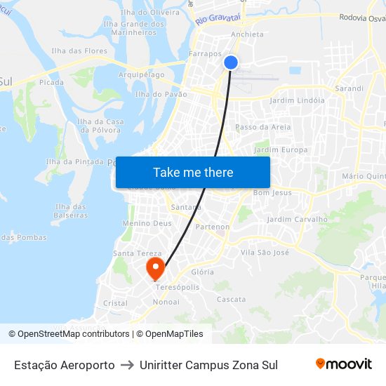 Estação Aeroporto to Uniritter Campus Zona Sul map