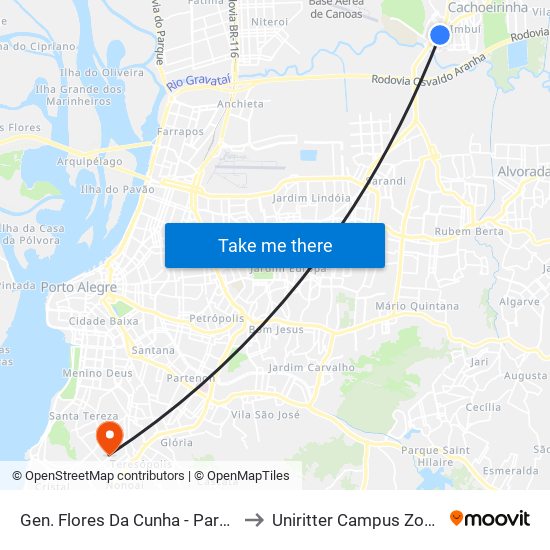 Gen. Flores Da Cunha - Parada 48 to Uniritter Campus Zona Sul map