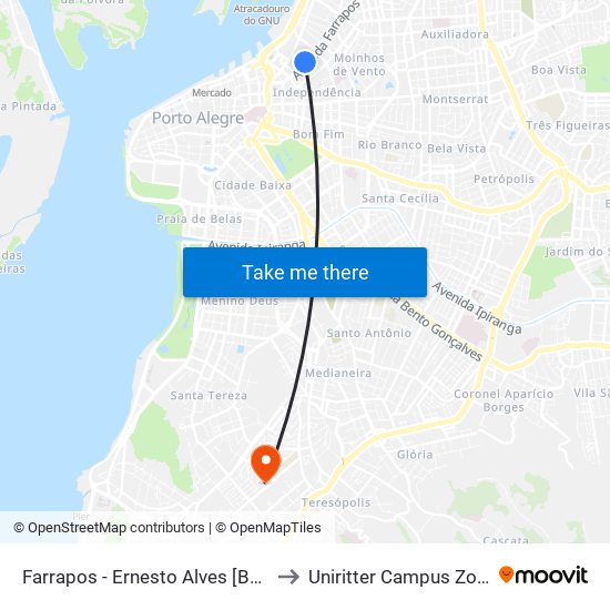 Farrapos - Ernesto Alves [Bairro - C] to Uniritter Campus Zona Sul map
