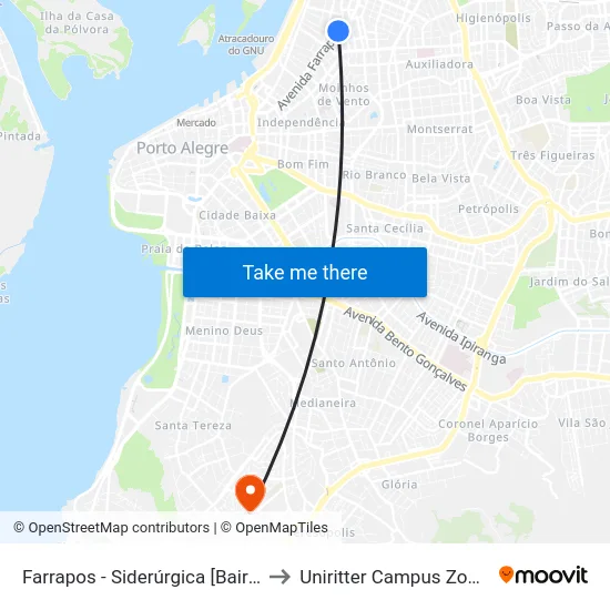 Farrapos - Siderúrgica [Bairro - C] to Uniritter Campus Zona Sul map