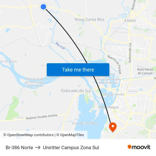Br-386 Norte to Uniritter Campus Zona Sul map