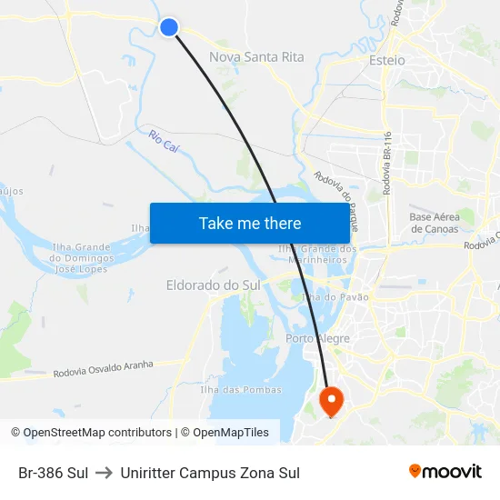 Br-386 Sul to Uniritter Campus Zona Sul map