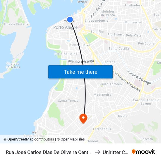 Rua José Carlos Dias De Oliveira Centro Histórico Porto Alegre - Rs 90010-111 Brasil to Uniritter Campus Zona Sul map