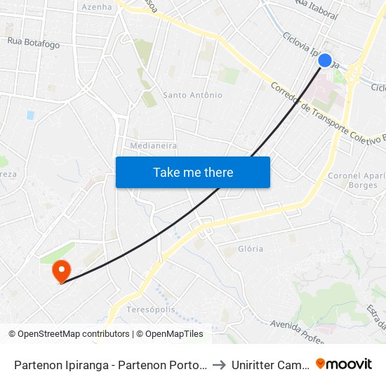 Partenon Ipiranga - Partenon Porto Alegre - Rs 90450-190 Brasil to Uniritter Campus Zona Sul map