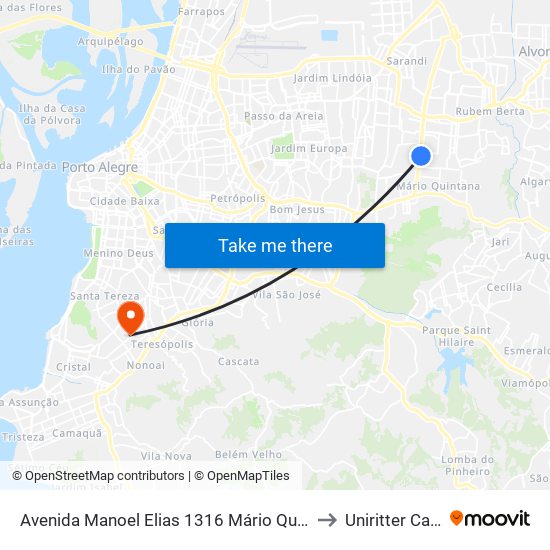 Avenida Manoel Elias 1316 Mário Quintana Porto Alegre - Rs 91240-260 Brasil to Uniritter Campus Zona Sul map