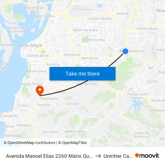Avenida Manoel Elias 2260 Mário Quintana Porto Alegre - Rs 91240-260 Brasil to Uniritter Campus Zona Sul map