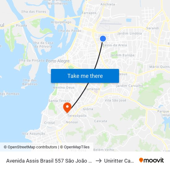 Avenida Assis Brasil 557 São João Porto Alegre - Rs 90550-130 Brasil to Uniritter Campus Zona Sul map