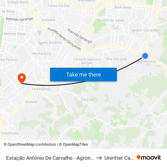 Estação Antônio De Carvalho - Agronomia Porto Alegre - Rs 90650-002 Brasil to Uniritter Campus Zona Sul map