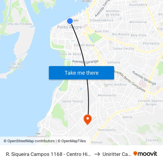 R. Siqueira Campos 1168 - Centro Histórico Porto Alegre - Rs 90010-001 Brasil to Uniritter Campus Zona Sul map