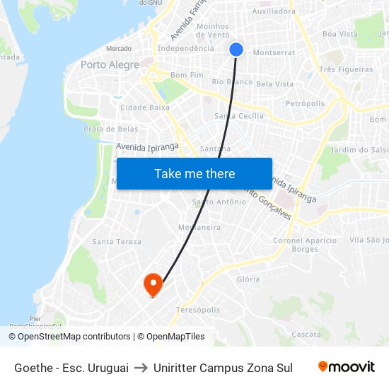 Goethe - Esc. Uruguai to Uniritter Campus Zona Sul map