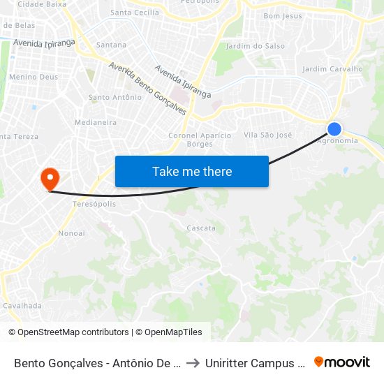 Bento Gonçalves - Antônio De Carvalho Cb to Uniritter Campus Zona Sul map