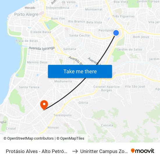 Protásio Alves - Alto Petrópolis Cb to Uniritter Campus Zona Sul map