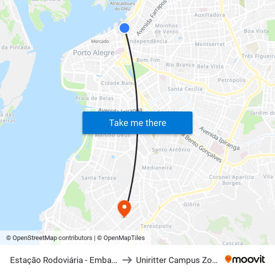 Estação Rodoviária - Embarque B to Uniritter Campus Zona Sul map