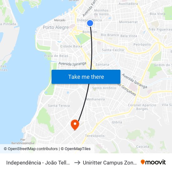 Independência - João Telles Bc to Uniritter Campus Zona Sul map