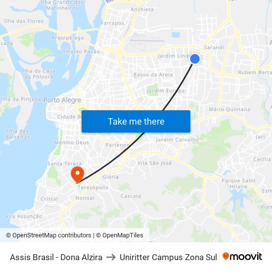 Assis Brasil - Dona Alzira to Uniritter Campus Zona Sul map