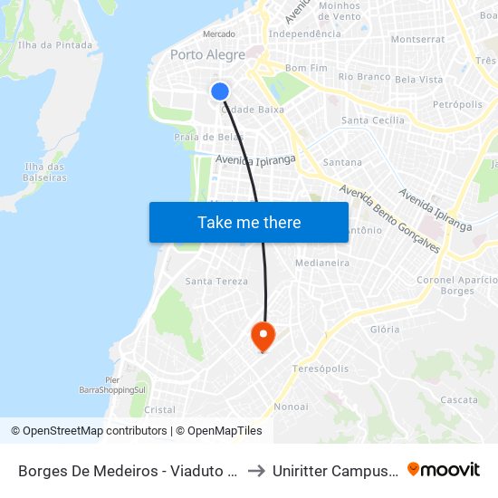 Borges De Medeiros - Viaduto Dos Açorianos to Uniritter Campus Zona Sul map