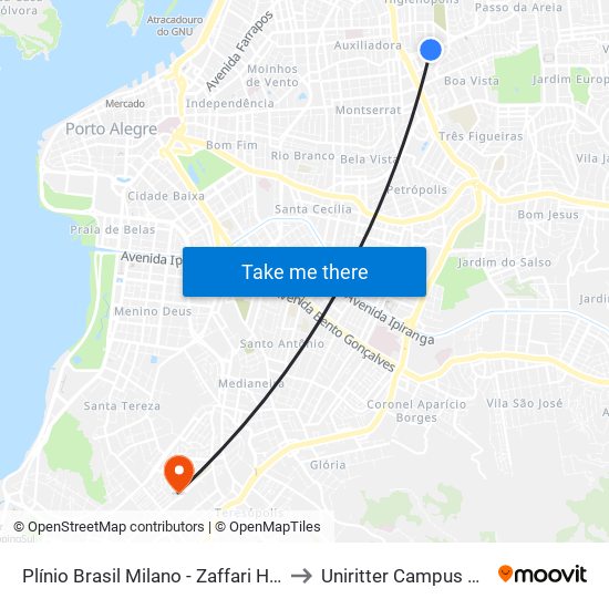 Plínio Brasil Milano - Zaffari Higienópolis to Uniritter Campus Zona Sul map