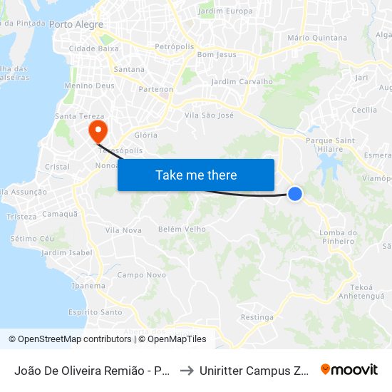 João De Oliveira Remião - Parada 07 to Uniritter Campus Zona Sul map