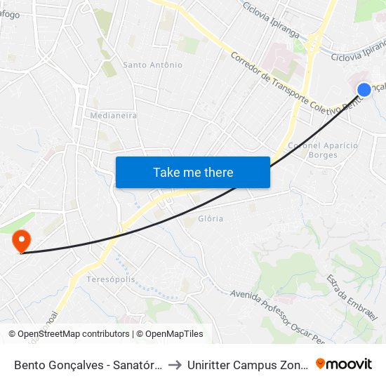Bento Gonçalves - Sanatório Cb to Uniritter Campus Zona Sul map
