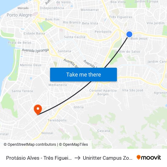 Protásio Alves - Três Figueiras Bc to Uniritter Campus Zona Sul map