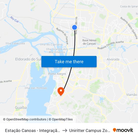Estação Canoas - Integração Trem to Uniritter Campus Zona Sul map