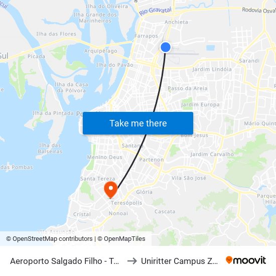 Aeroporto Salgado Filho - Terminal 2 to Uniritter Campus Zona Sul map