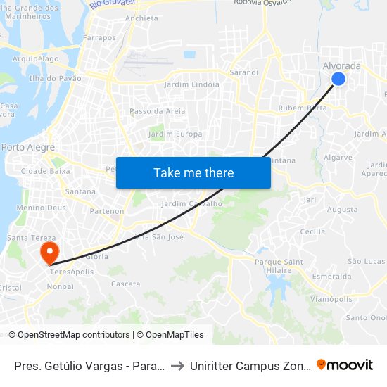Pres. Getúlio Vargas - Parada 47 to Uniritter Campus Zona Sul map