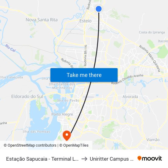 Estação Sapucaia - Terminal L09/L10/L21 to Uniritter Campus Zona Sul map