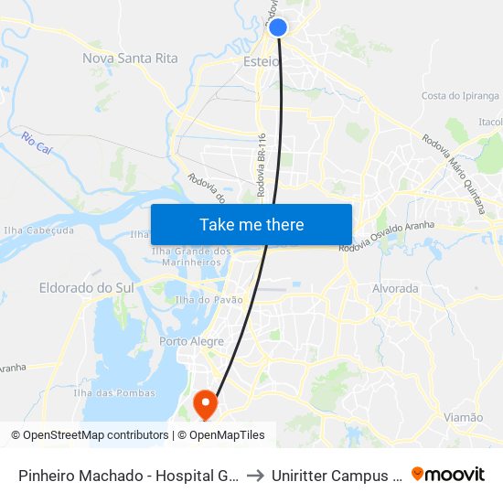Pinheiro Machado - Hospital Getúlio Vargas to Uniritter Campus Zona Sul map