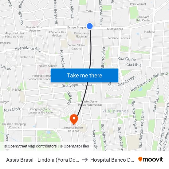 Assis Brasil - Lindóia (Fora Do Corredor) to Hospital Banco De Olhos map
