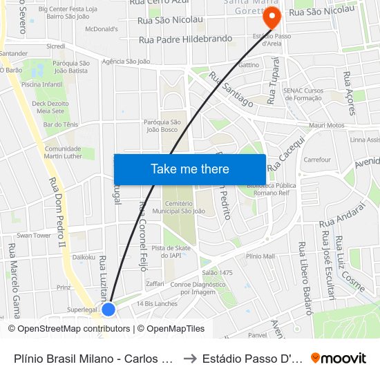 Plínio Brasil Milano - Carlos Gomes to Estádio Passo D'Areia map