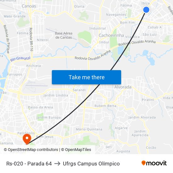 Rs-020 - Parada 64 to Ufrgs Campus Olímpico map