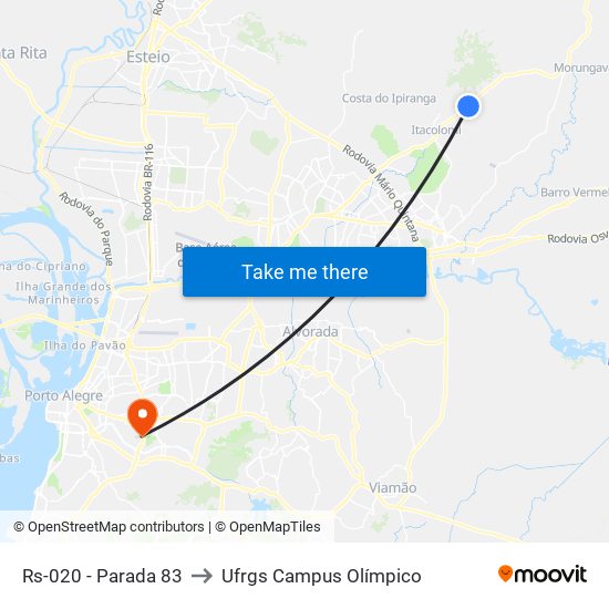 Rs-020 - Parada 83 to Ufrgs Campus Olímpico map