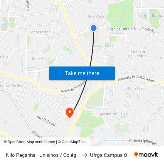 Nilo Peçanha - Unisinos / Colégio Anchieta to Ufrgs Campus Olímpico map