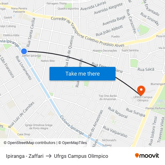 Ipiranga - Zaffari to Ufrgs Campus Olímpico map