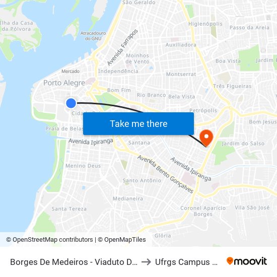 Borges De Medeiros - Viaduto Dos Açorianos to Ufrgs Campus Olímpico map