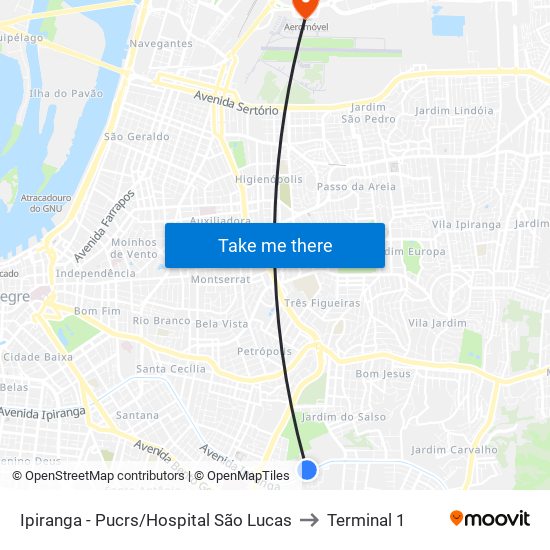 Ipiranga - Pucrs/Hospital São Lucas to Terminal 1 map