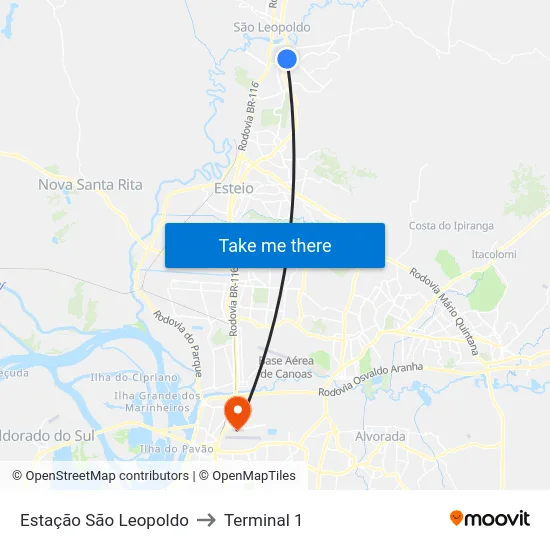 Estação São Leopoldo to Terminal 1 map