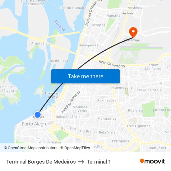 Terminal Borges De Medeiros to Terminal 1 map